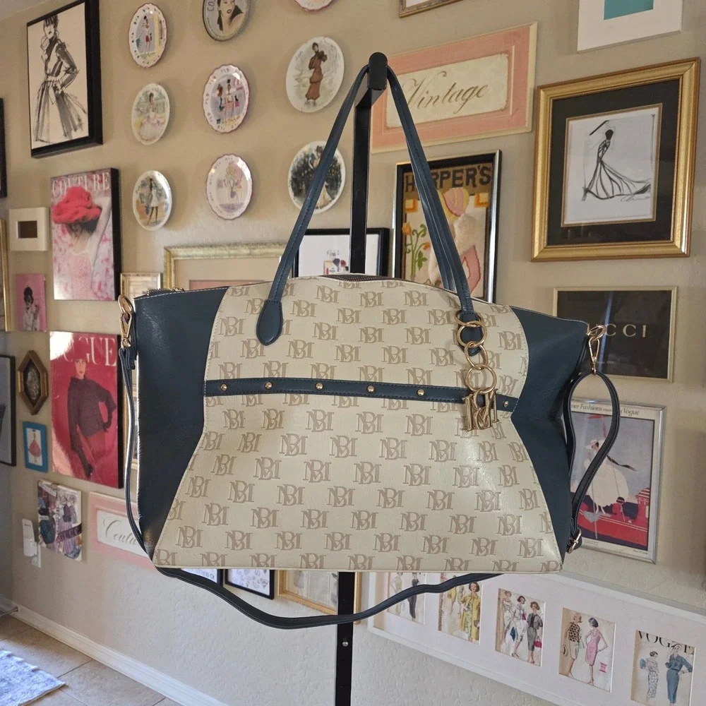 Badgley Mischka Carolina Vegan Leather Weekender Duffle‎ Bag Blue Cream Gold